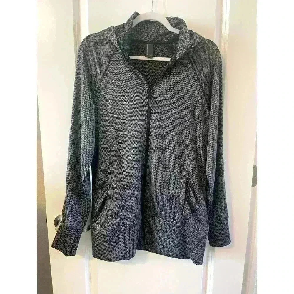 MONDETTA Women's Hooded Jacket Pockets Thumbholes Black/Gray Herringbone Size M
